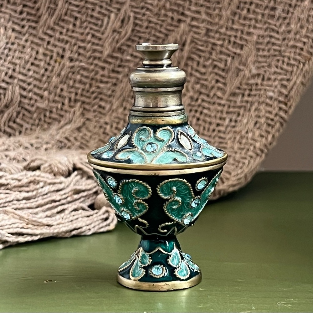 Vintage Two’s Company Austrian Crystal Perfume Bottle – Teal Enamel & Bronze